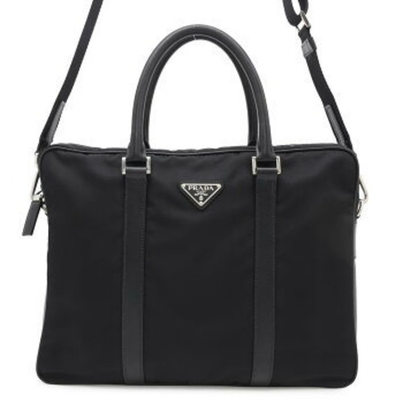 Prada Business Bag Saffiano Leather Nylon Shoulder Bag Briefcase Black - Picture 1 of 8